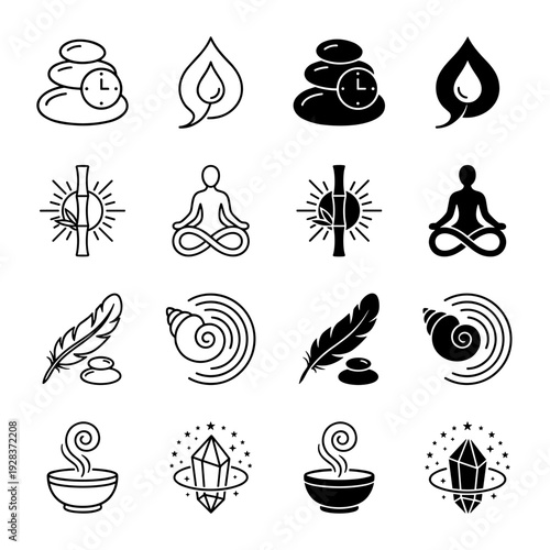 Zen and Wellness Hybrid Icon Set Featuring Meditation Figures With Infinity Symbols Crystal Gems With Orbiting Rings and Stacked Stones With Clock Faces