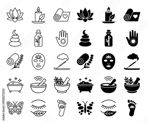 Collection of Zen and wellness hybrid icons combining organic elements like lotus flowers with spa treatment symbols in outline and solid styles