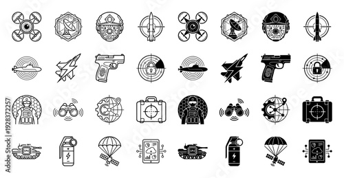 Military technology and cyber warfare hybrid icon set featuring tactical gear integrated with digital circuitry and advanced surveillance systems
