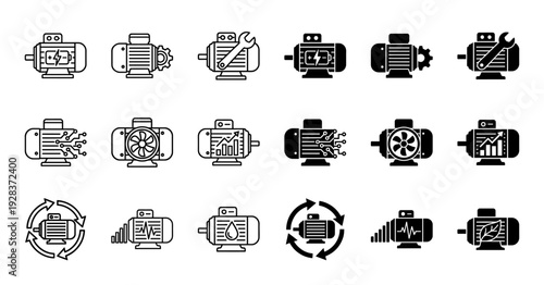Industrial electric motor icon set featuring hybrid symbols for maintenance performance energy efficiency and smart automated mechanical systems