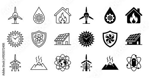 Sustainable energy hybrid icon set featuring wind turbine lightbulb solar panel house mountain geothermal and nuclear battery symbols in outline and solid style