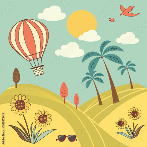 summer enjoy of landscape with palm trees and flowers