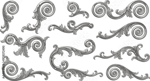 Collection of silver baroque floral ornaments and classic decorative scrolls with vintage acanthus leaf patterns isolated on white background for luxury frame and border design.