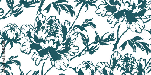 peony flowers japanese chinese seamless vector pattern ink design 