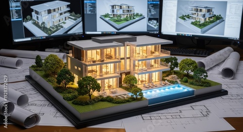 Architectural model illuminated on desk with computer screens and blueprints