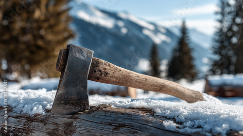 Close-up of a weathered axe stuck in a wooden log surrounded by snow, pine trees and distant mountains behind. Ai generated