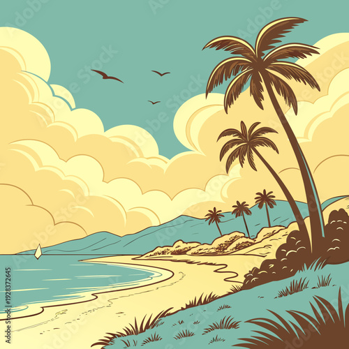 summer background of vector illustration landscape with palm trees