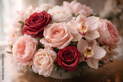 Bouquet of pink roses and orchids on a table indoors
