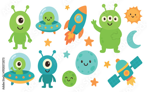 Cute alien and rocket space illustration set with planets and stars, ideal for kids birthday themes, nursery wall art and educational science graphics.