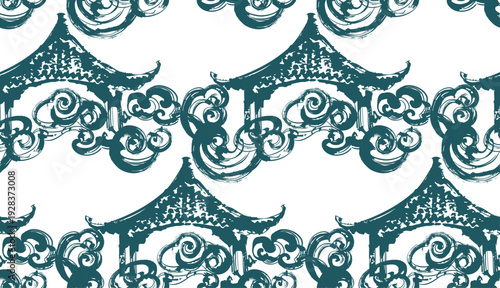 pagoda roof clouds japanese chinese seamless vector pattern ink design 