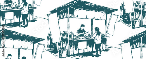 street food tent japanese chinese seamless vector pattern ink design 