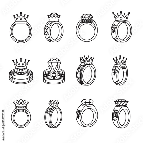 Collection of Crown and Diamond Rings Icons Vector Illustration