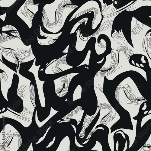 Black brush strokes vector seamless background. Hand-drawn curved and wavy lines with grunge-style circles. A chaotic ink brush carcasses the decorative texture. Dirty scribbles, bold lush lines
