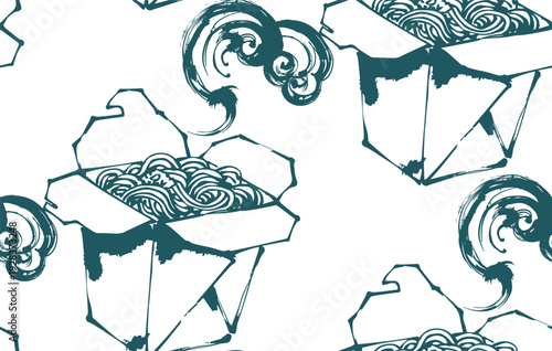 noodles box street food japanese chinese seamless vector pattern ink design 