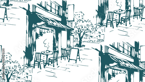 modern coffeeshop in city japanese chinese seamless vector pattern ink design 