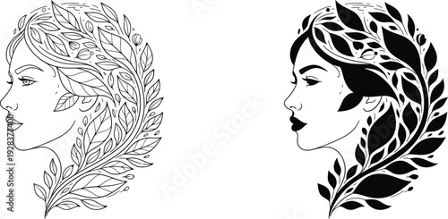 Artistic profile of a woman with flowing hair intricately woven with delicate leaves and botanical elements, evoking grace and natural beauty.