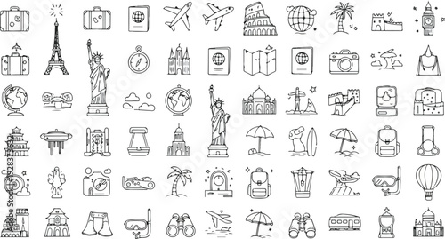 Travel Icons Collection: A diverse set of hand-drawn icons featuring iconic landmarks, travel essentials, and vacation activities for a global adventure.