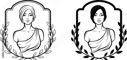 Classical portraits of women in draped attire, framed by laurel branches within decorative borders, representing elegance and heritage.