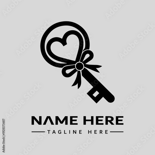 A logo featuring a stylized key with a heart and bow on a gray background, with space for a name and tagline.