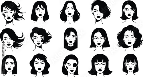 Collection of diverse woman face illustrations, stylized black and white, dramatic and modern with varied hairstyles and bold expressions.