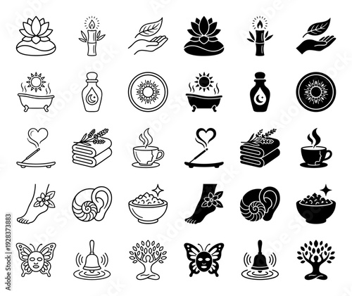 Wellness and holistic therapy icon set featuring hybrid conceptual symbols like butterfly facial masks and auditory shell resonance in line and solid styles