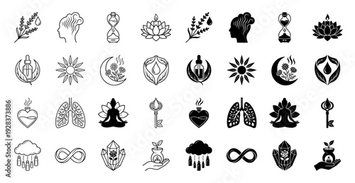 Collection of holistic wellness and aromatherapy icons merging organic botanical elements with spiritual symbols and essential oil therapy equipment