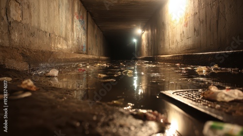 Murky drain water in an industrial concrete corridor with rust and grime