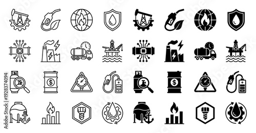 Hybrid energy and global oil industry icons featuring integrated symbols of petroleum production fuel efficiency and industrial power generation in line and solid styles