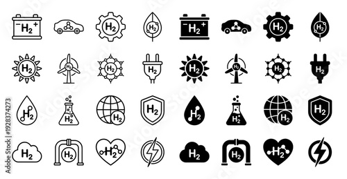 Clean hydrogen energy icon set featuring hybrid symbols for green power fuel cells sustainable transport and industrial h2 technology solutions