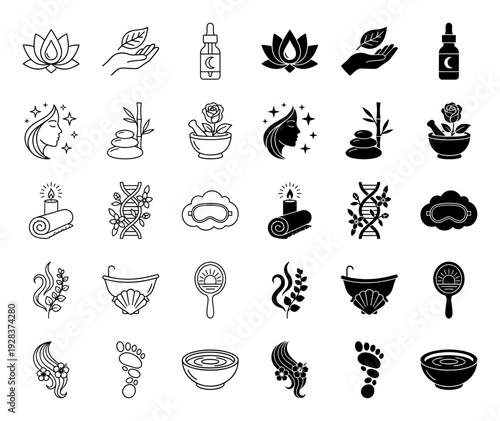 Wellness and holistic beauty icon collection featuring hybrid organic symbols like DNA floral strands and medicinal rose mortar in outline and solid style