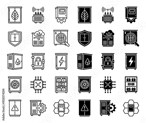 Industrial Smart Cabinet and Energy Storage Icon Set Featuring Hybrid Symbols of Power Infrastructure Data Systems and Sustainable Green Technology