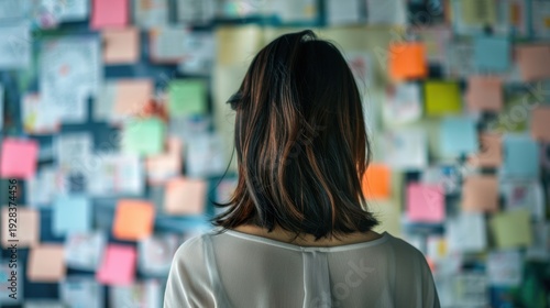 A young Asian woman with shoulder-length hair stands in front of a wall covered in colorful sticky notes. The scene conveys a sense of brainstorming and creativity.