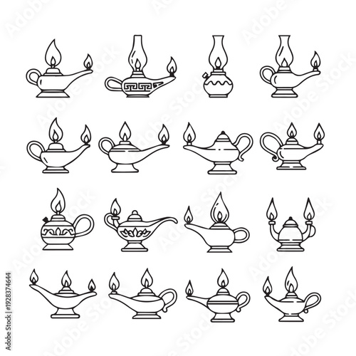 Collection of Oil Lamps with Flames Vintage Styled Line Art