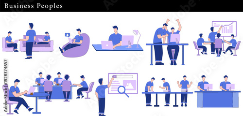 11 Business Peoples Illustration Set Collaborative Brainstorming, Laptop Work and Modern Office Scenes in Purple and Blue Flat Style