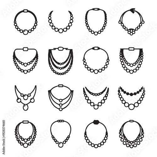 Collection of Necklace Icons Various Styles Line Art Isolated