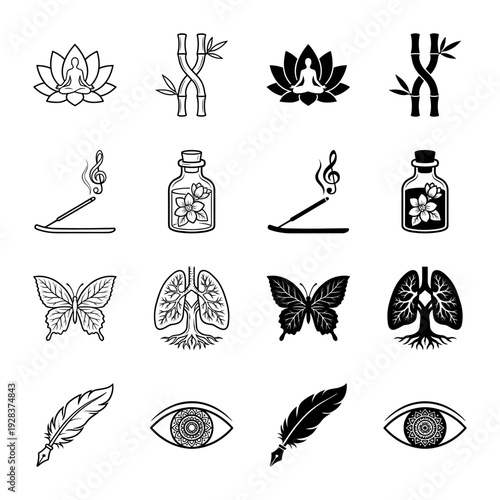 Collection of holistic wellness hybrid icons featuring lotus yoga silhouettes bamboo stalks incense sticks with musical notes and floral apothecary jars
