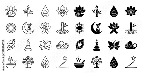 Zen meditation and wellness icons featuring hybrid concepts such as lotus yoga mat combinations bamboo candle fusion and butterfly leaf motifs
