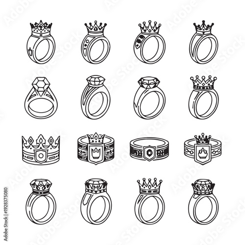 Collection of Royalty Rings and Crowns Line Art Icons Vector Graphics