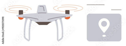 Logistics, delivery services, GPS navigation, quadcopter technology, mapping, autonomous systems. A flying Quadcopter and a navigation pin icon. Logistics and delivery services concept