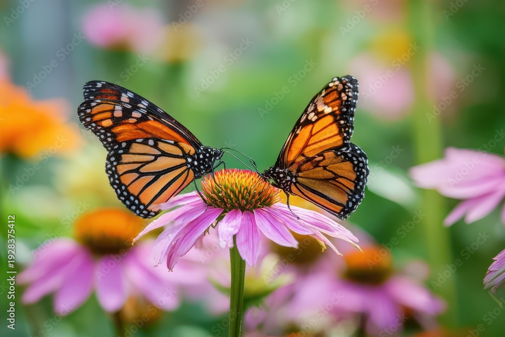 Obraz premium Two monarch butterflies feed on a pink coneflower in a sunlit garden