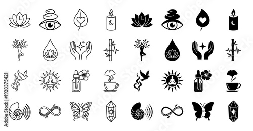 Collection of hybrid wellness icons merging spiritual symbols with organic elements featuring lotus eye zen stones leaf heart and butterfly face