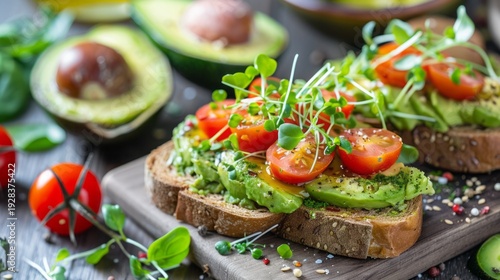 Stylishly presented avocado toast topped with cherry tomatoes and microgreens, 