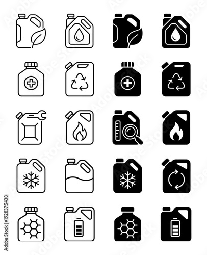 Set of hybrid industrial canister and chemical bottle icons featuring dual outline and solid styles for fuel energy lubricant and laboratory storage