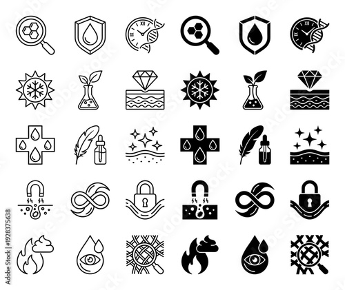 Professional skincare and cosmetic ingredient icons featuring hybrid symbols for dermatology clinical testing and organic beauty product labeling