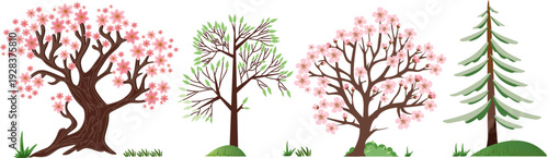 Collection of vector illustrations of blossoming trees. Sakura, cherry, magnolia, oak, linden, maple, spruce, spring, summer. Hand-drawn in a childish style.