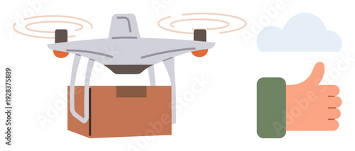 quadcopter delivery, logistics, express shipping, innovation, futuristic technology, approval. A quadcopter carries a box with a thumbs-up and cloud symbols. Quadcopter delivery and logistics