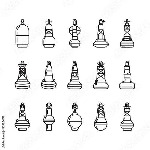 Nautical Buoy Icons Collection: Marine Navigation Markers Set Vector Illustration