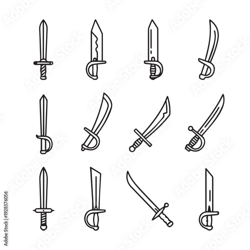Collection of Twelve Hand-Drawn Sword Icons and Silhouettes Vector Art