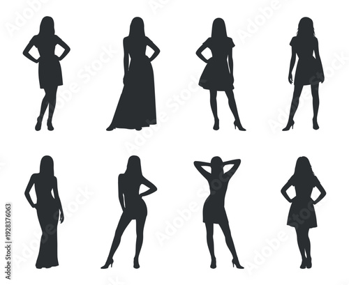 Collection of Female Silhouettes in Various Poses and Dresses on White Background