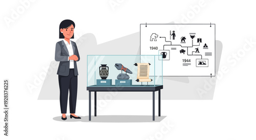 Businesswoman presenting historical artifacts in modern museum exhibit